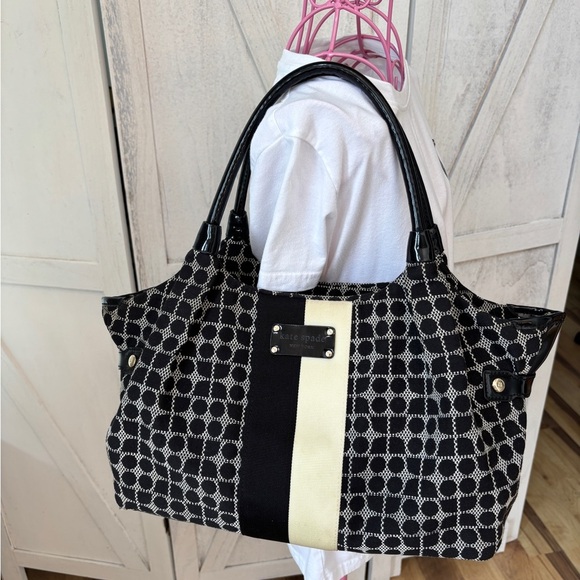 Kate Spade New York Stevie Satchel Black Cream Stripe Designer Handbag - Picture 11 of 12